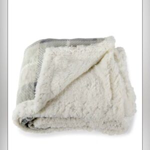 SAKS FIFTH AVENUE Faux Fur Grey and White Plaid Throw blanket